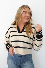 Striped Collar V-Neck Long Sleeve Top