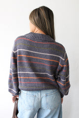Striped Knit Cardigan with Cord-Textured Collar