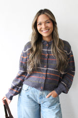 Striped Knit Cardigan with Cord-Textured Collar