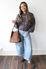 Striped Knit Cardigan with Cord-Textured Collar