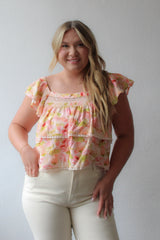 Woven Nylon Tencel Floral Print Short Sleeve Top