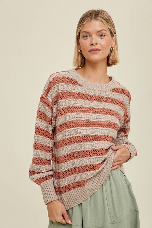 MULTI-STRIPED PULLOVER WITH CROCHET DETAIL