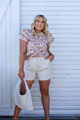 Piping Contrast Floral Ruffle Top