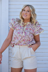 Piping Contrast Floral Ruffle Top