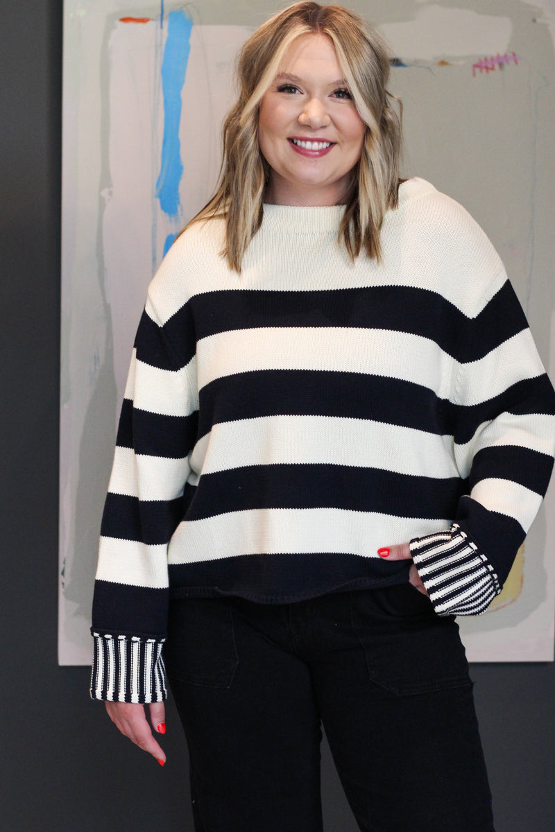 Silicy Black & White Striped Sweater Top