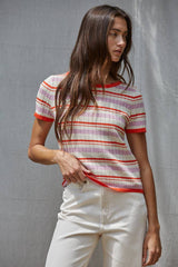 Knit Sweater Multi Color Striped Short Sleeve