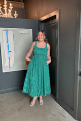 Polka Dot Smocked Bodice Square Neck Midi Dress