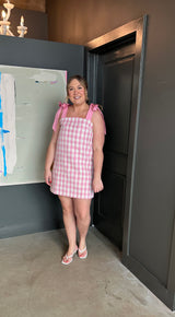 Pink Gingham Plaid Mini Dress with Bow Tie