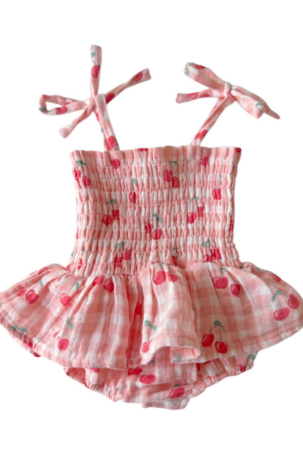 Gingham Cherries Muslin Smocked Bubble w/ Skirt