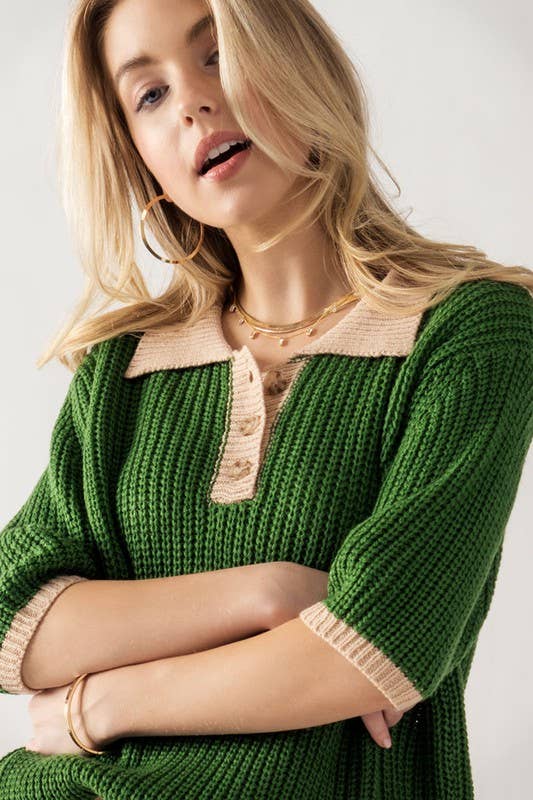 Two-Tone Contrast Quarter Button Knit Sweater