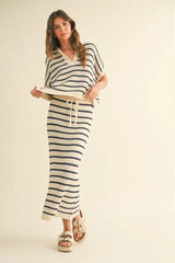 Stripe Pattern Collared Short Sleeve Top