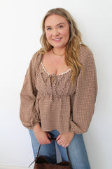 Gingham Sweetheart Neck Smocked Peplum Top