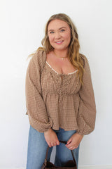 Gingham Sweetheart Neck Smocked Peplum Top