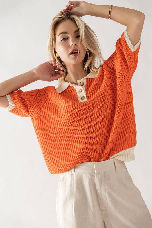 Two-Tone Contrast Quarter Button Knit Sweater