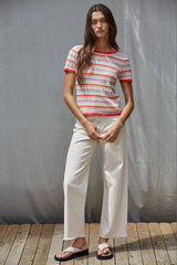 Knit Sweater Multi Color Striped Short Sleeve