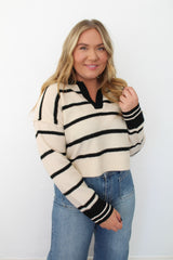 Striped Collar V-Neck Long Sleeve Top