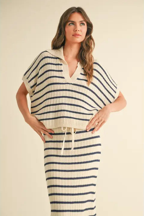 Stripe Pattern Collared Short Sleeve Top