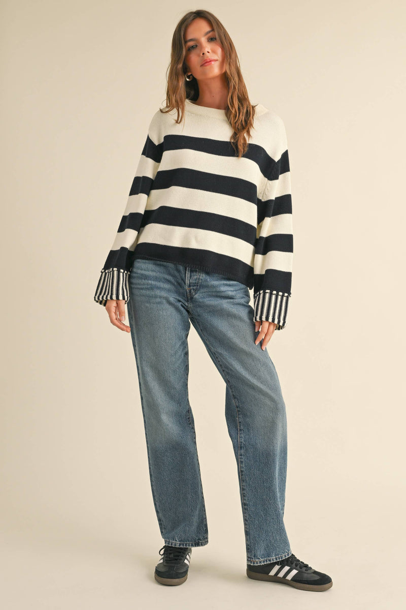 Silicy Black & White Striped Sweater Top