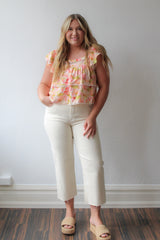 Woven Nylon Tencel Floral Print Short Sleeve Top