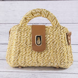 Woven Straw Turn Lock Top Handle Handbag