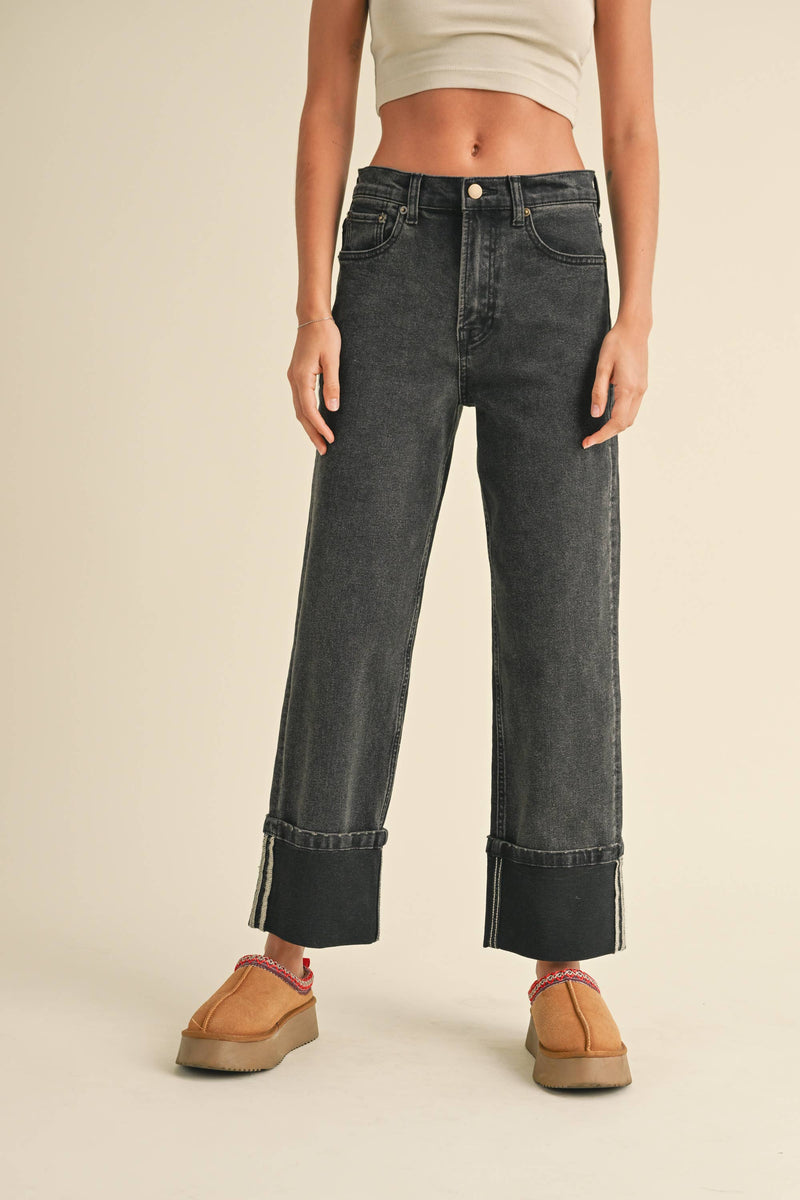 Cuffed Borrom Black Denim Pants