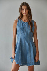 Denim Cotton Round Neck Sleeveless Mini