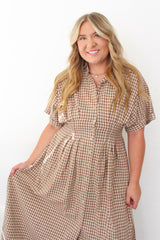 Woven Cotton Gingham Print Button Down Flare Maxi