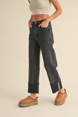 Cuffed Borrom Black Denim Pants