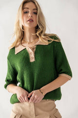 Two-Tone Contrast Quarter Button Knit Sweater