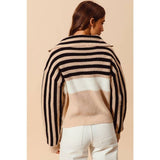 Stripe Sequin Embellished Ribbed Half Zip Top