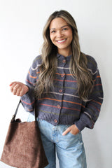 Striped Knit Cardigan with Cord-Textured Collar