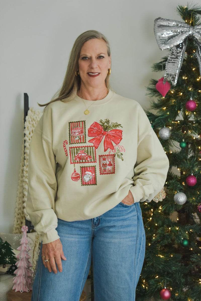 Christmas Bow & Holiday Stamps Crewneck