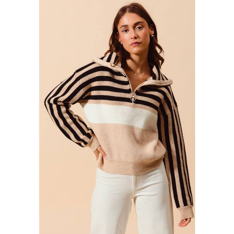 Stripe Sequin Embellished Ribbed Half Zip Top