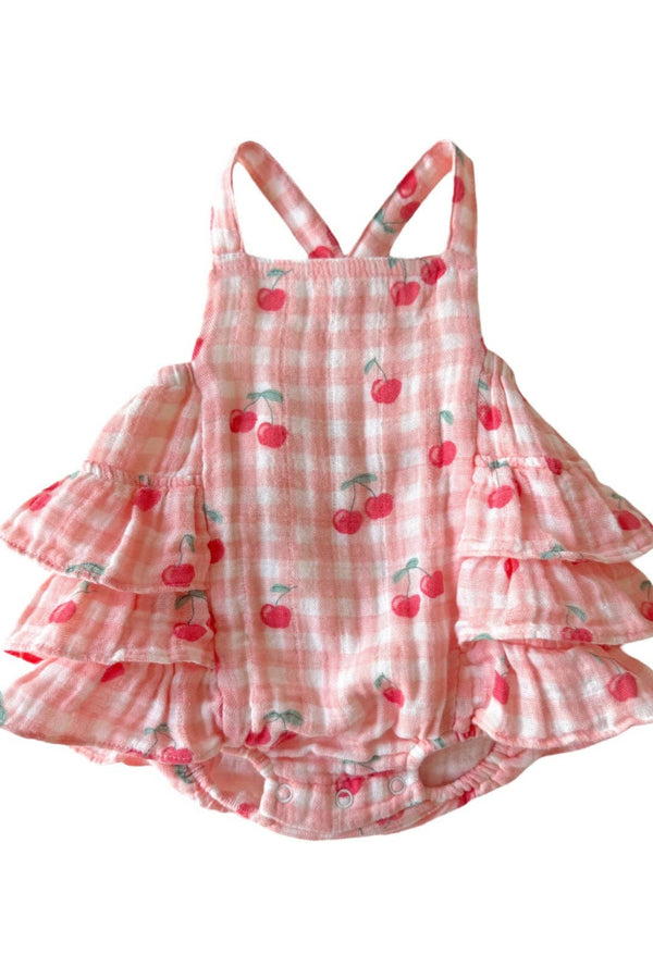 Gingham Cherries Muslin Ruffle Sunsuit