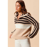 Stripe Sequin Embellished Ribbed Half Zip Top