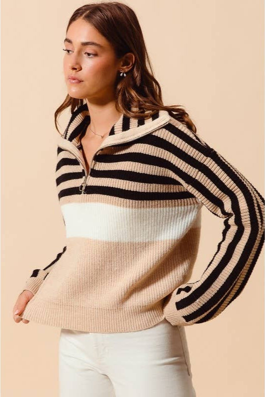 Stripe Sequin Embellished Ribbed Half Zip Top