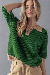 Two-Tone Contrast Quarter Button Knit Sweater