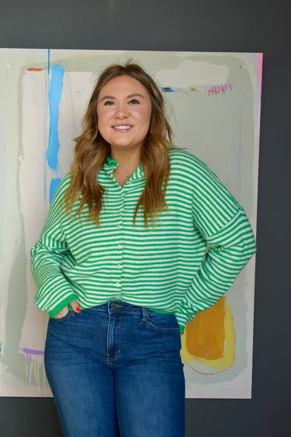 Piper Cardigan - Green Mini Striped