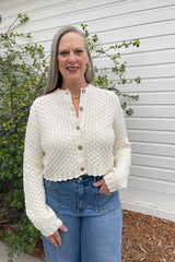 Button Front Crochet Knit Scallope Cardigan