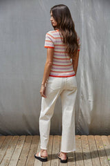 Knit Sweater Multi Color Striped Short Sleeve