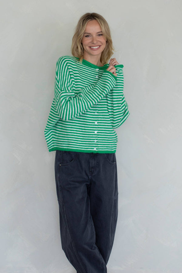 Piper Cardigan - Green Mini Striped