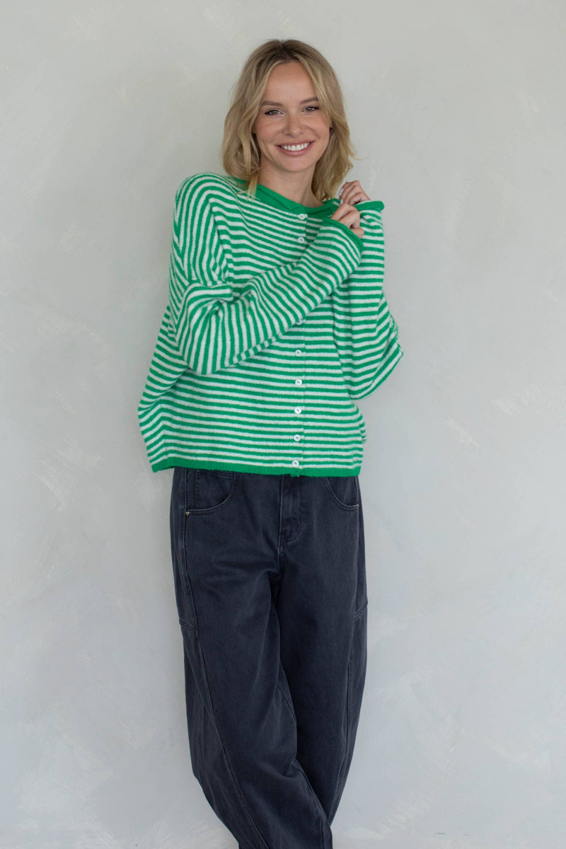 Piper Cardigan - Green Mini Striped