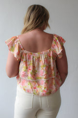 Woven Nylon Tencel Floral Print Short Sleeve Top