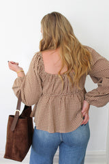 Gingham Sweetheart Neck Smocked Peplum Top