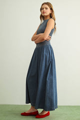 Smocked Top Denim Long Dress