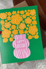 Happy Birthday Yellow Flowers Pink Vase Card