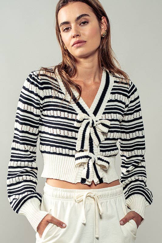 Ribbon Button Stripe Cardigan