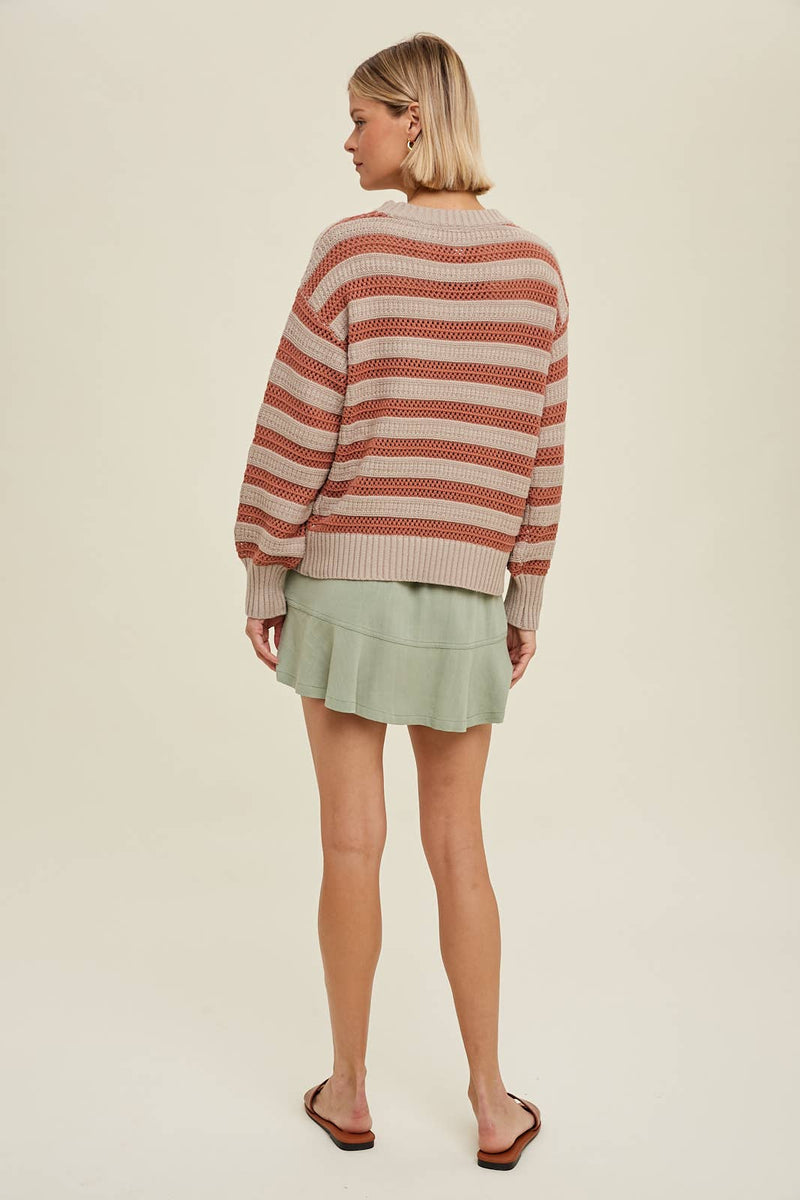MULTI-STRIPED PULLOVER WITH CROCHET DETAIL