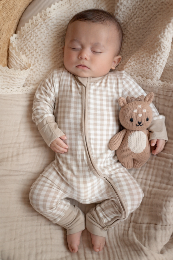 2-Way Convertible Zip Romper, Tan Gingham