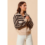 Stripe Sequin Embellished Ribbed Half Zip Top